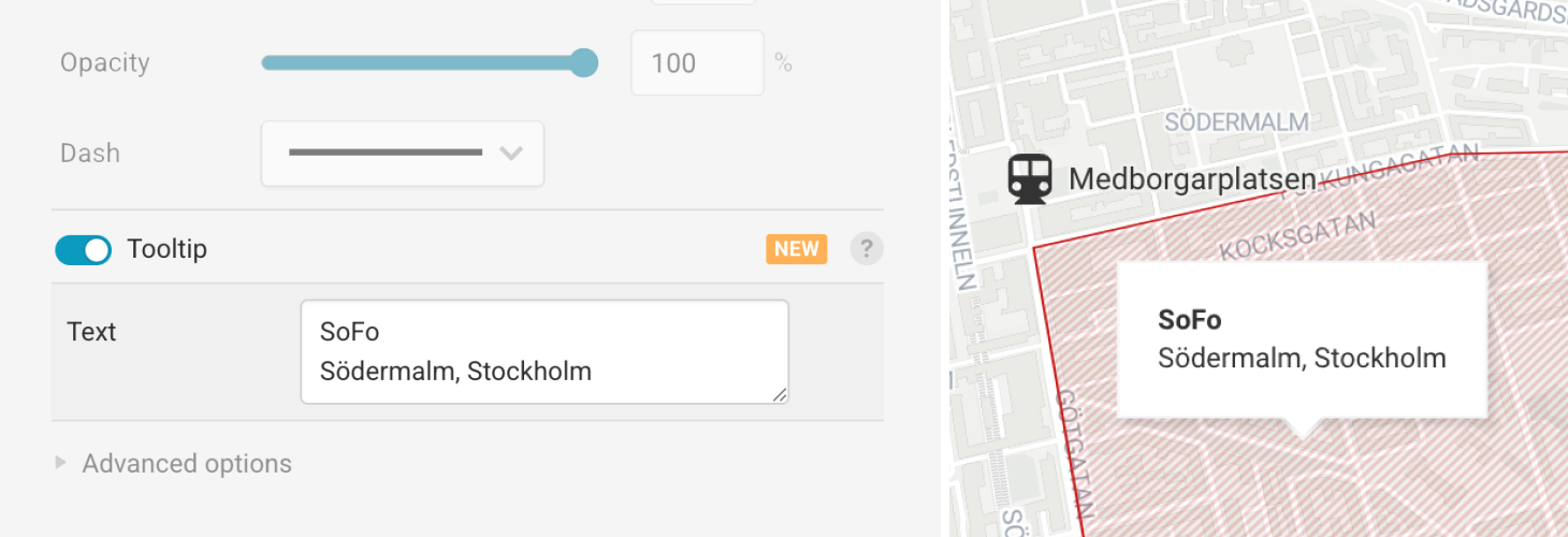 The new area marker tooltip UI, along with an area marker for Sodermain, Stockholm, with a tooltip visible on top of it.